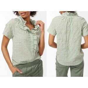 NEW! Chicos High Neck Stripe Shirt Women's Size 2.5 (14) Green White Cotton Boho